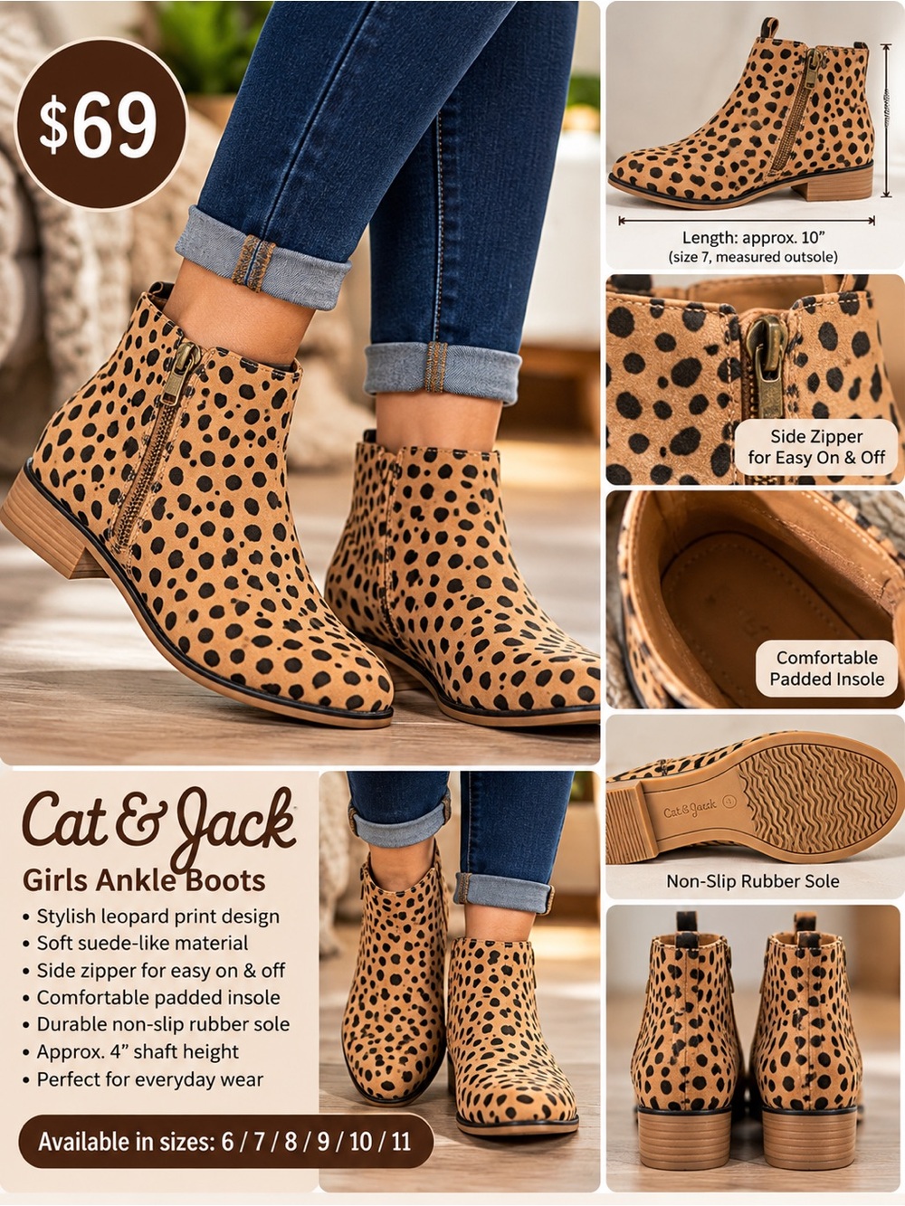 Cat & Jack Leopard Print Ankle Boots - Tan/Black